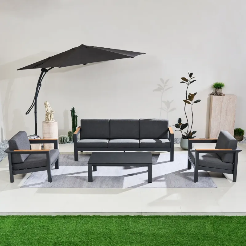 Aluminium Outdoor Sofa Set, 5 Seater, in Carbon Black, with a Rectangular Table & Teak Accents