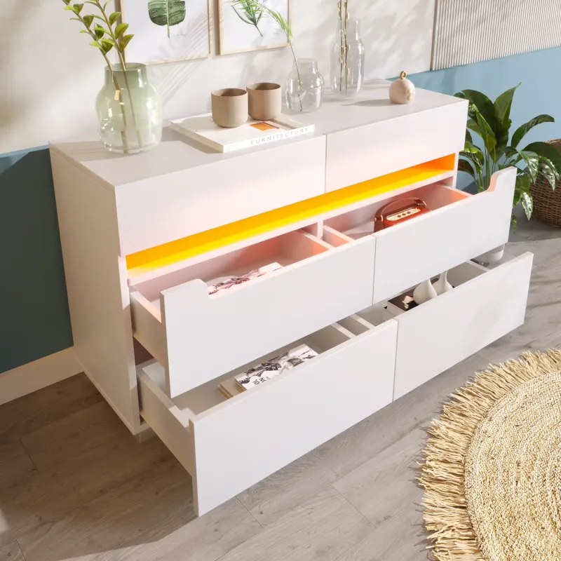 White 6-Drawer Sideboard with App-Controlled RGB LED Lighting