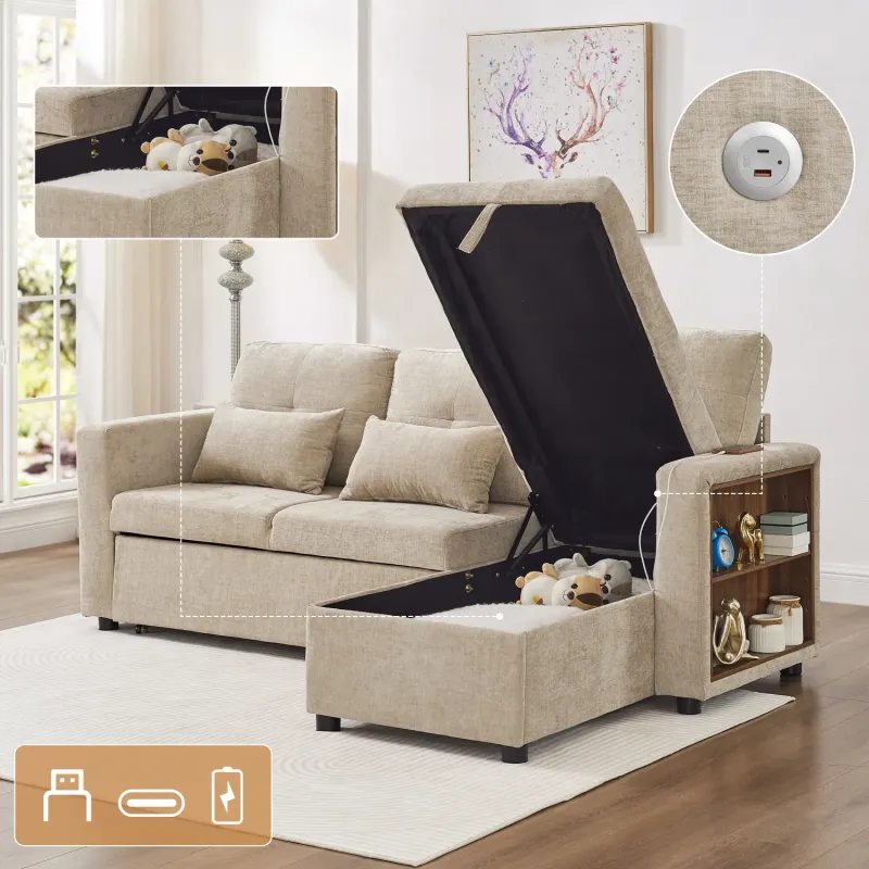 Chenille Sofa Bed, 3-Seater L-Shaped, in Beige, with Reversible Storage Chaise and Charging Ports