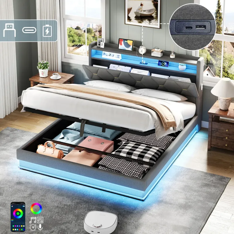 King Grey Linen Ottoman Bed Frame with LED Storage Headboard & USB Charging