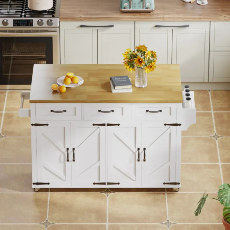 Barn Style Kitchen Island Trolley with Foldable Tabletop - White