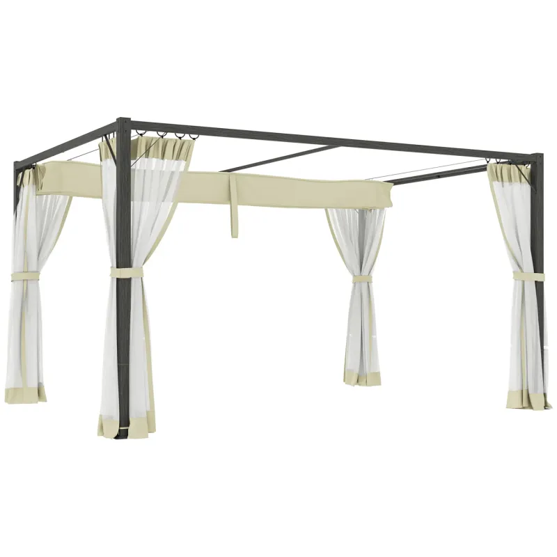  3 x 4m Aluminium Pergola Gazebo with Retractable Roof and Mesh Curtains - Khaki