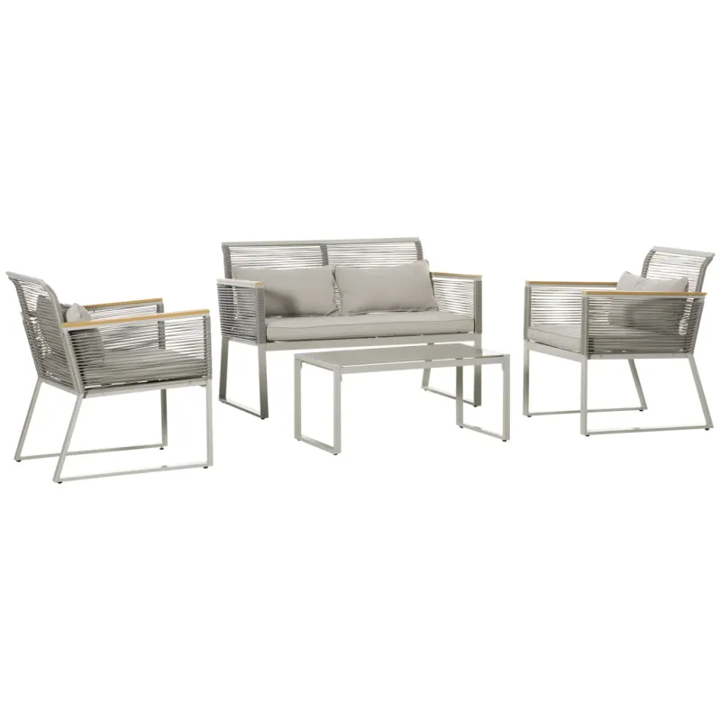  4-Piece Rattan Garden Furniture Set with Cushions and Coffee Table - Grey