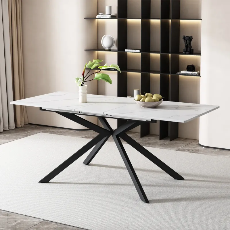 Extendable Dining Table with Marble Effect Top and Black Cross Legs, 150-180cm