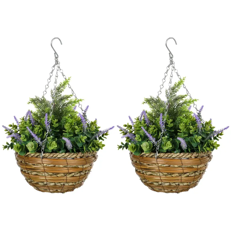 Set of 2 Artificial Hanging Lavender Plants in Wicker Pots - Purple