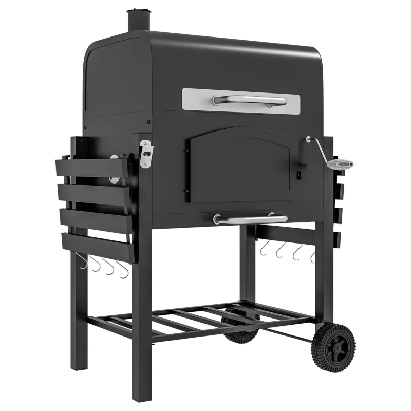 Charcoal Barbecue Grill Trolley with Smoker and Adjustable Charcoal Pan