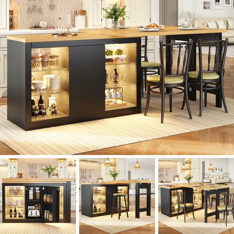 Extendable Sideboard Dining Table with LED Storage - White & Black