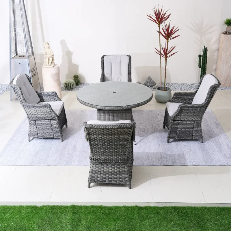 Rattan Outdoor 4 Seater Set, 4 Seater, in Brown & Grey, with a Round Table & Tempered Glass Top