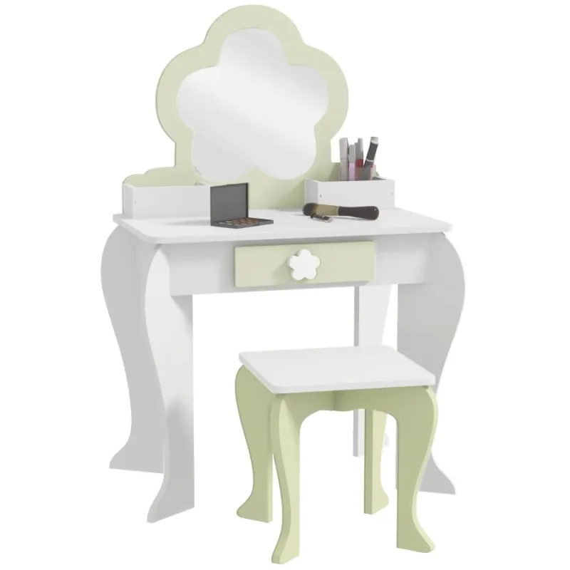 Kids Dressing Table with Flower Mirror and Stool - White