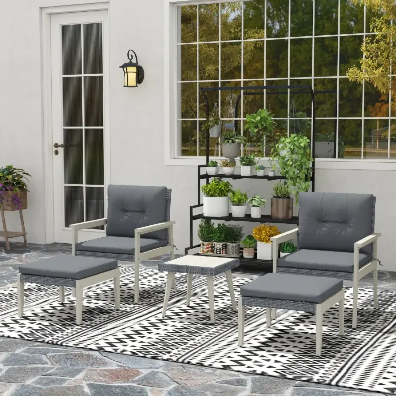 5-Piece Grey Rattan Garden Bistro Set with Acacia Wood Top Table