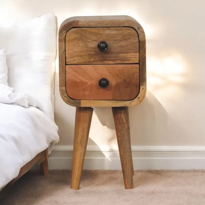 Curved Solid Mango Wood 2 Drawer Extra Mini Bedside Table - Oak-ish Finish