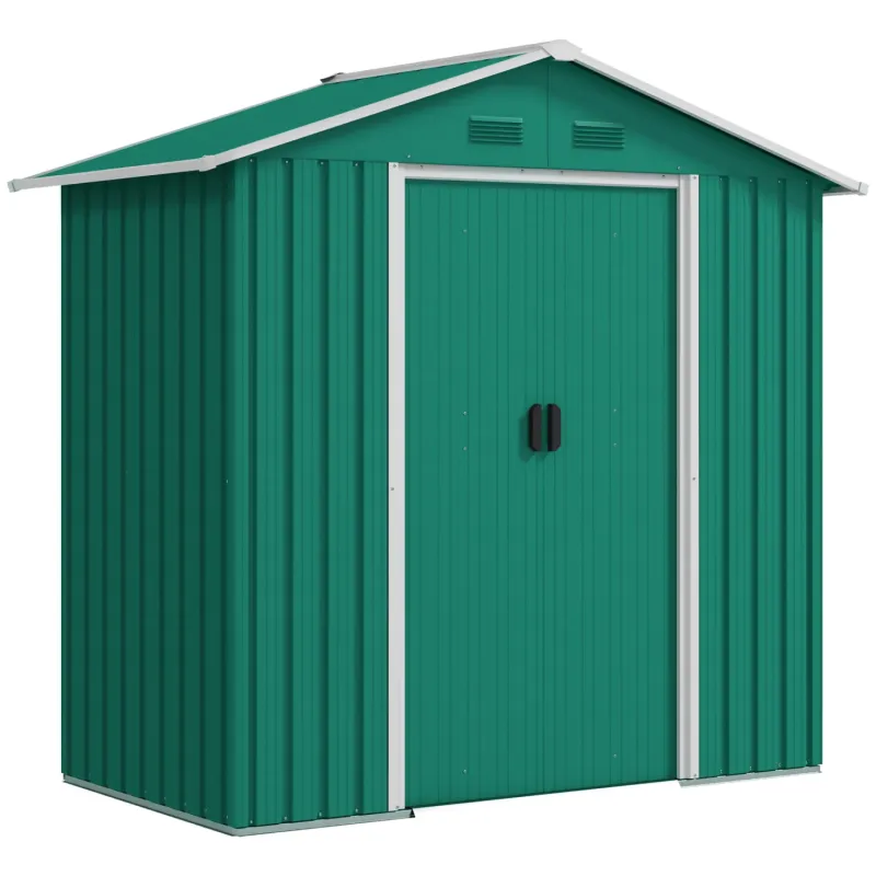  6.5ft x 3.5ft Galvanised Metal Garden Storage Shed with Sliding Doors - Green
