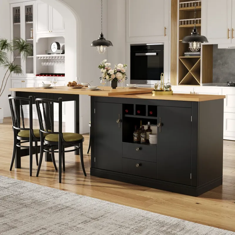 Extendable 360° Rotating Bar Table with Storage, Wine Rack and Double Doors