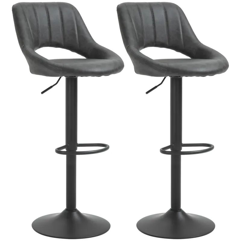 Bar Stool, Set of 2, PU Leather in Dark Grey with Swivel and Adjustable Height