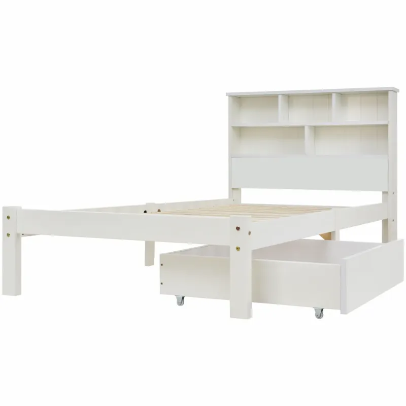 White Wooden Single Storage Bed with Bookcase Headboard and Underbed Drawer