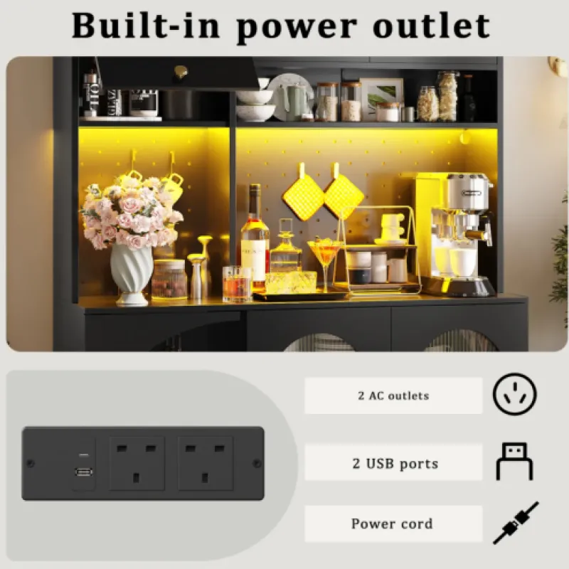 Kitchen Larder Cupboard with LED Lighting, Power Outlets & Wine Rack - 120cm - Black