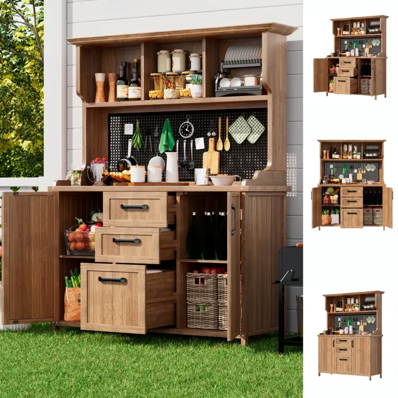 Solid Fir Wood Garden Storage Cabinet, 120cm, in Natural, with Pegboard & Drawers
