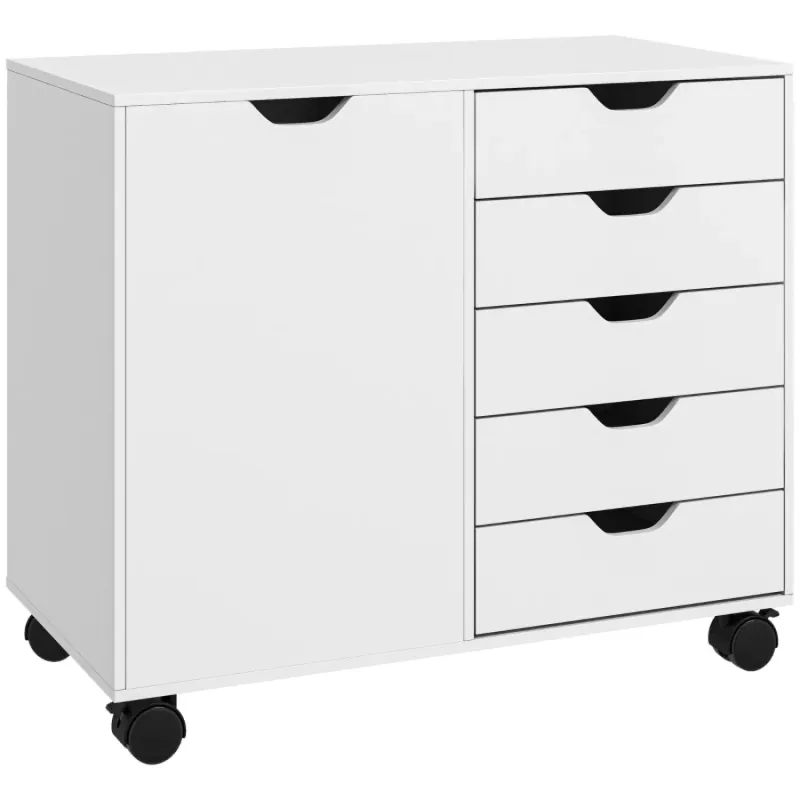 Mobile Office Storage Cabinet with 5 Drawers and Cupboard - White
