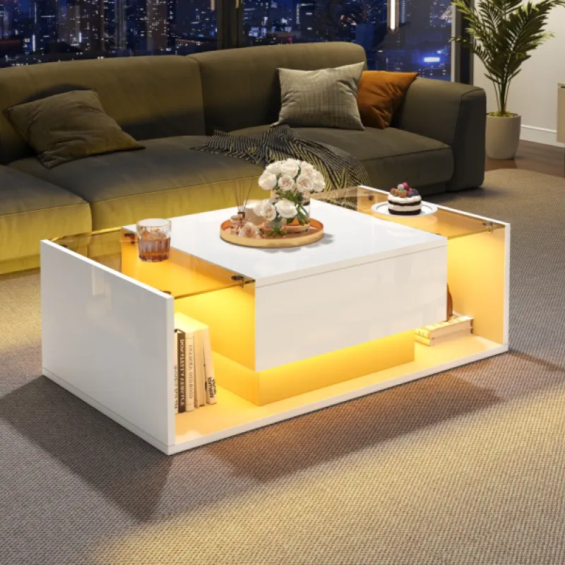 Rectangular Coffee Table, High Gloss in White, with App-Controlled LED Lights & Storage