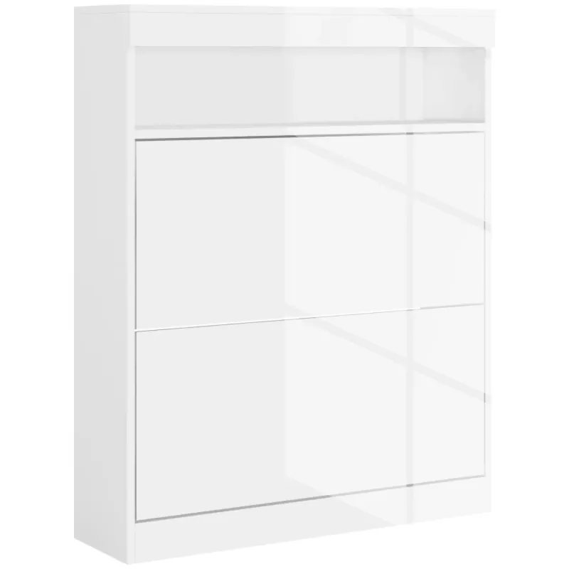 16 Pair Shoe Storage Cabinet with 2 Flip Drawers - High Gloss White