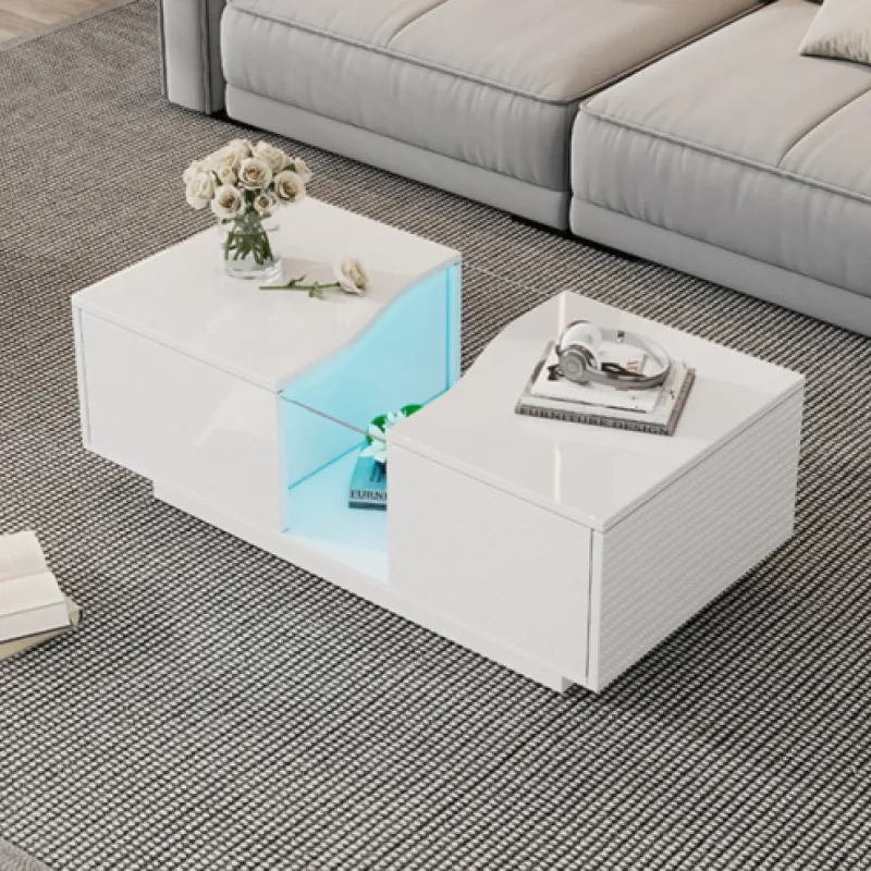 White High Gloss LED Coffee Table with 2 Drawers - 100cm Centre Table