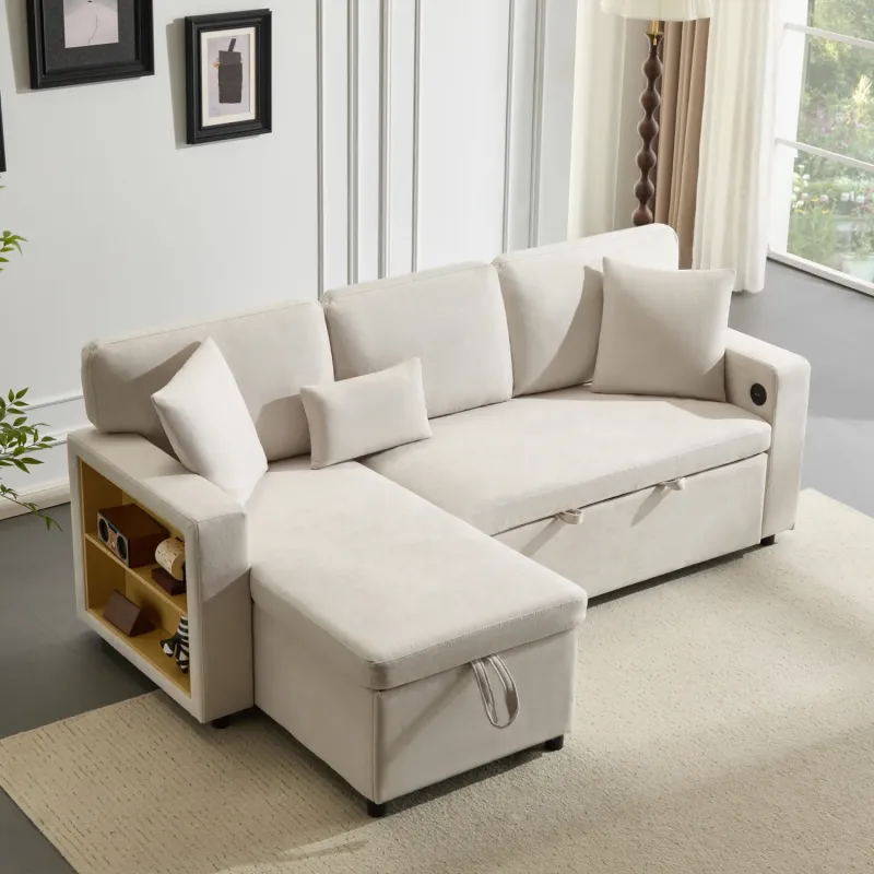 L-Shaped 3-Seater Corner Sofa Bed with USB Charging and Integrated Storage - Beige