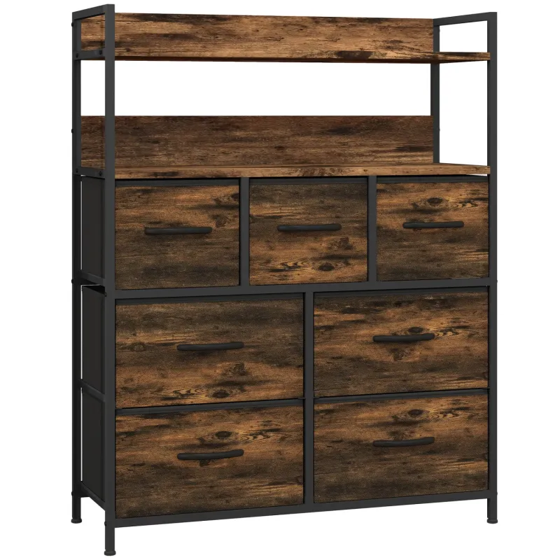 7 Drawer Fabric Chest of Drawers with Shelves - Rustic Brown