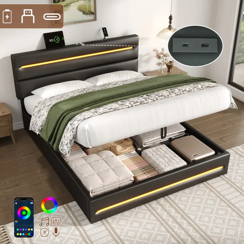 King Size Upholstered Ottoman Bed with LED Headboard and USB Charging - Black PU Leather