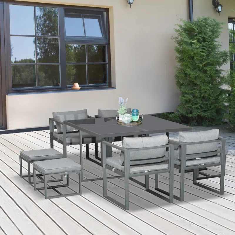  9-Piece Aluminium Cube Garden Dining Set - 8 Seater Space-Saving Patio Furniture