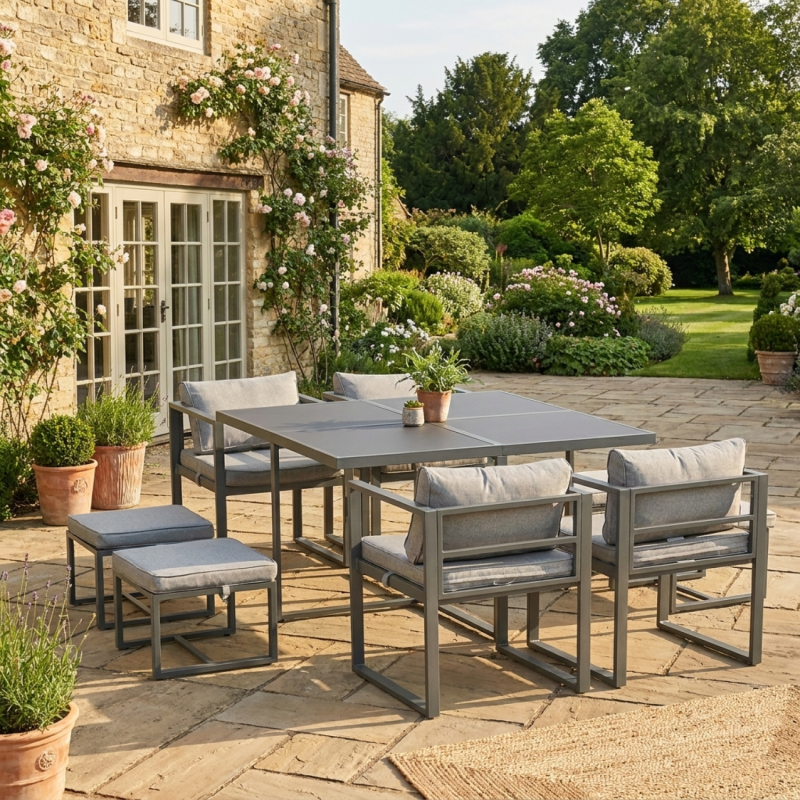 Aluminium Outdoor 4 Seater Dining Set, with a Square Table & Space-Saving Cube Design