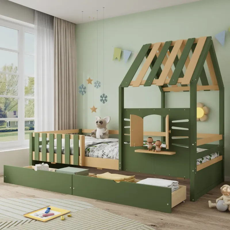 Children's Single House Bed with 2 Storage Drawers - Green and Natural
