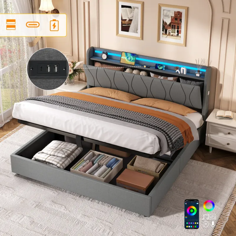 King Grey Linen Ottoman Bed with LED Storage Headboard and Charging Station