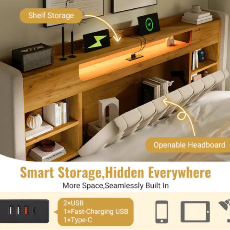 5ft King Ottoman Bed with LED Storage Headboard & Charging Station - Beige Linen