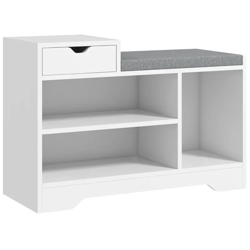 Multi-Compartment Shoe Storage Bench with Padded Seat and Drawer - White