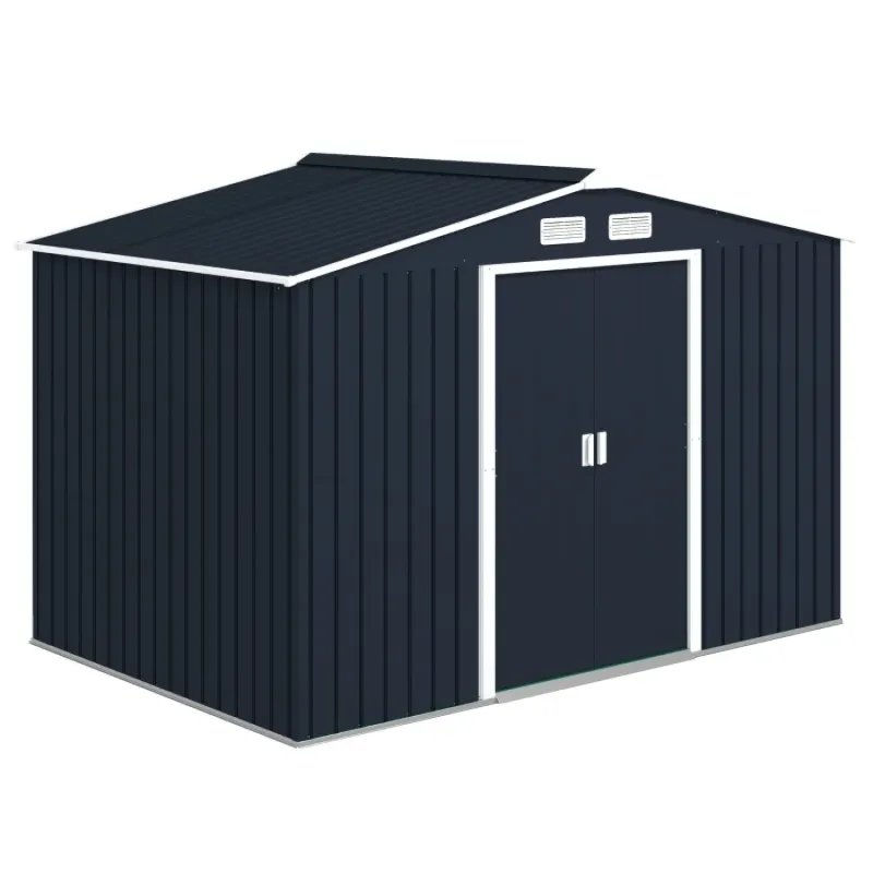 9 x 6ft Metal Garden Shed with Double Sliding Doors - Dark Grey