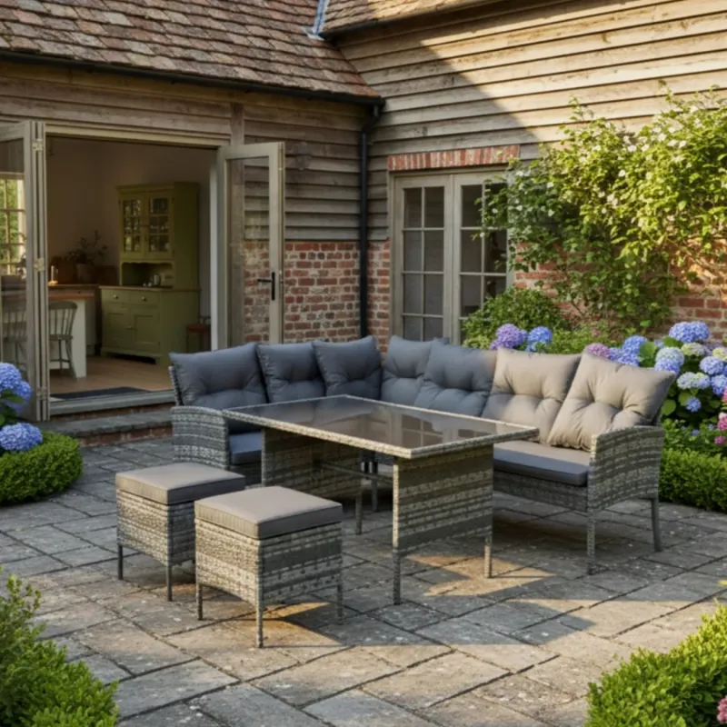 6-7 Seater Rattan Garden Corner Sofa Set with Dining Table & Stool - Mixed Grey