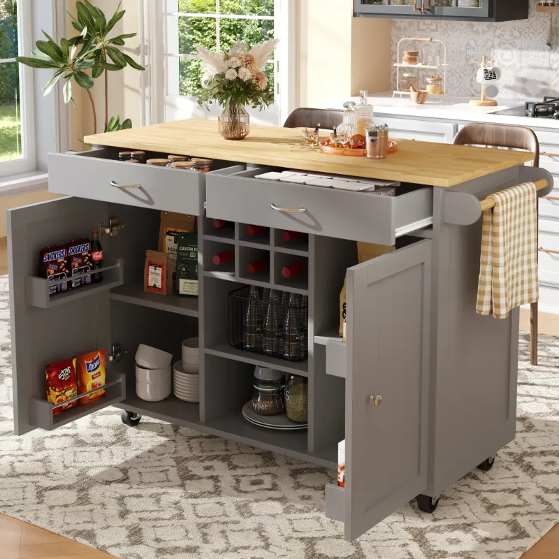 Modern Kitchen Island with Storage and Wine Rack - Grey