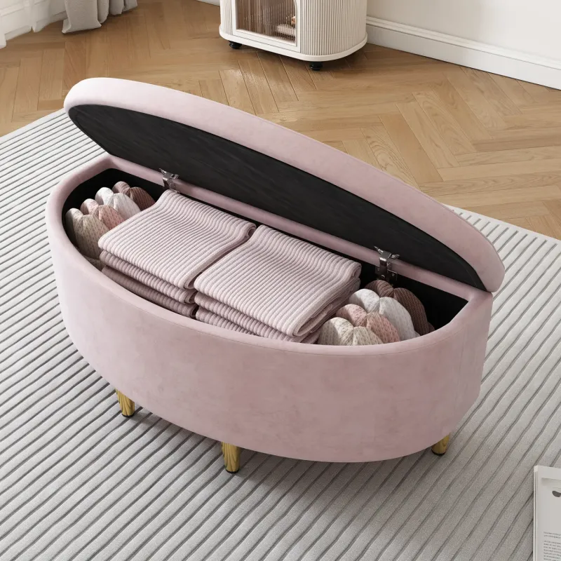Upholstered Velvet Storage Bench with Metal Legs, Pink - 90cm