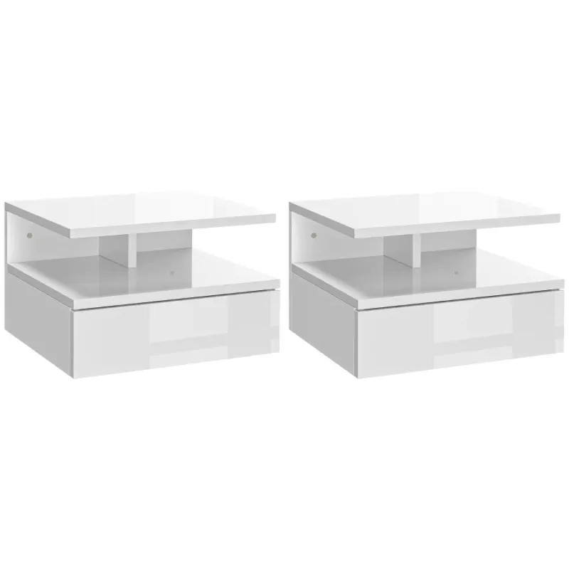 Set of 2 Floating Bedside Tables with Drawer - High Gloss White