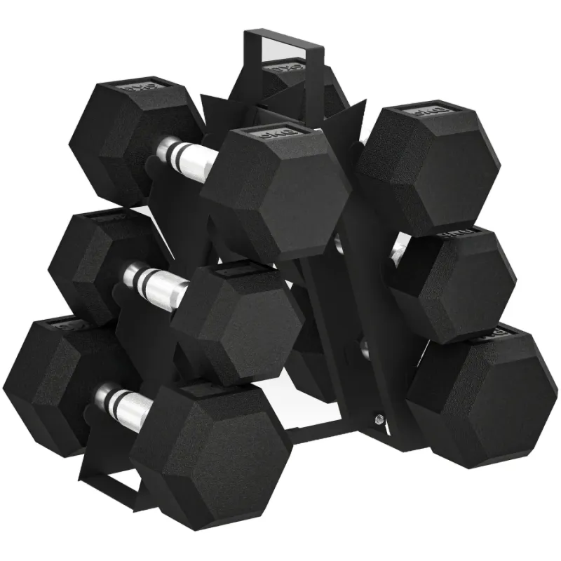 30kg Hex Dumbbell Set with Vertical Storage Rack - 2kg, 5kg and 8kg Pairs