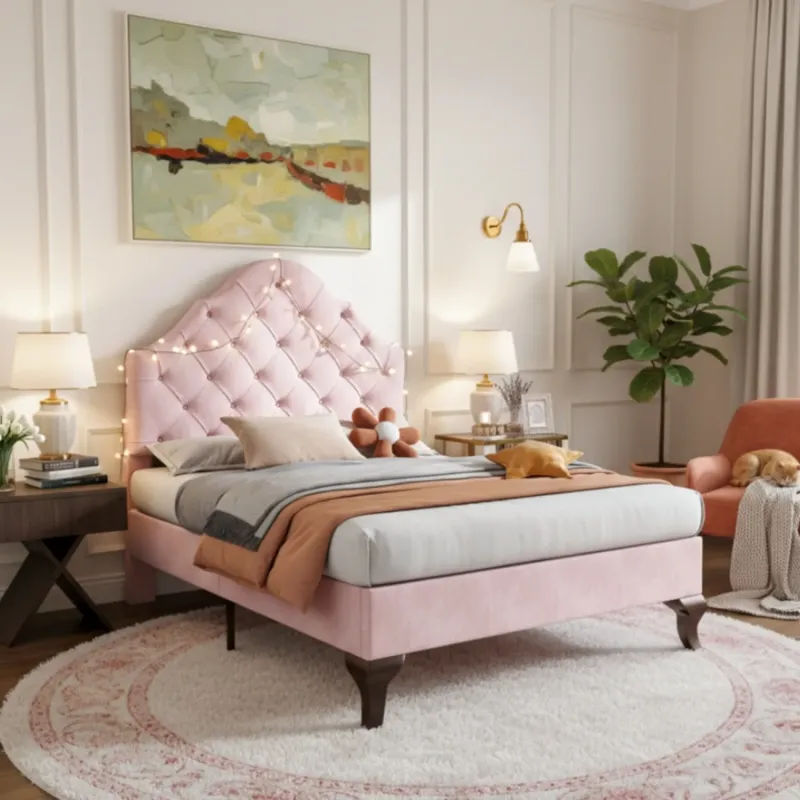 Upholstered Single Bed Frame with Height-Adjustable Headboard - Pink Velvet