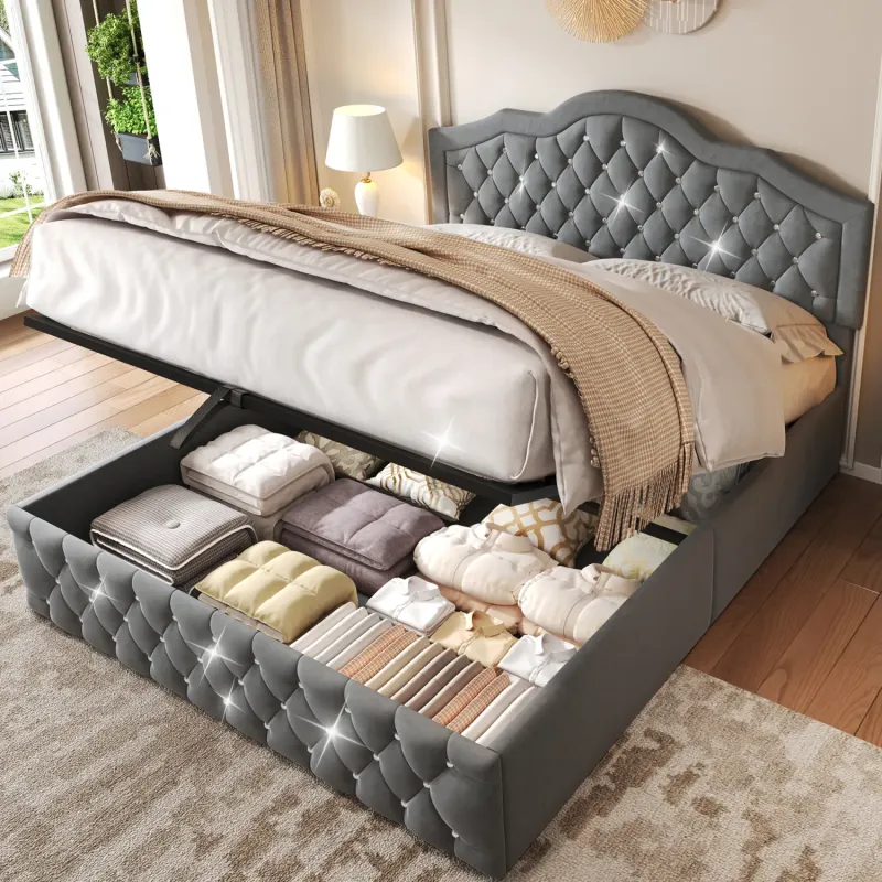 Grey Velvet Double Ottoman Storage Bed with Diamond Headboard