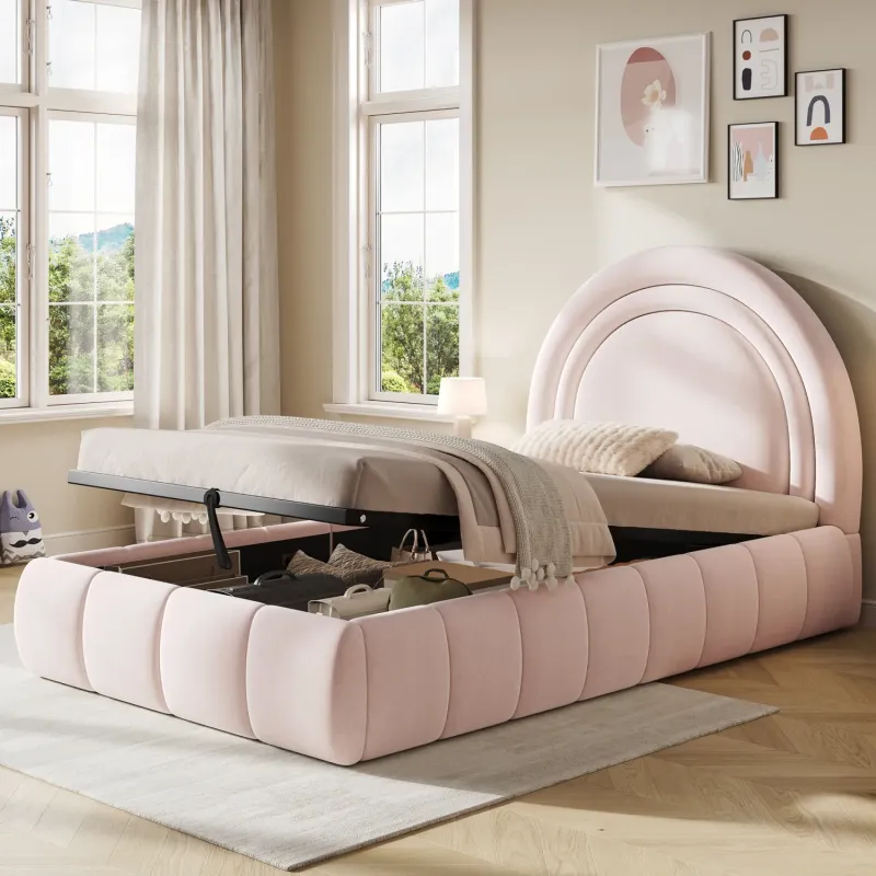 Upholstered Velvet Single Storage Bed with Hydraulic Lift, Pink