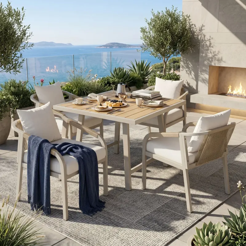 Galvanised Iron & WPC Garden Dining Set, 4 Seater Set, in Beige, with a Square Table & Rope Chairs
