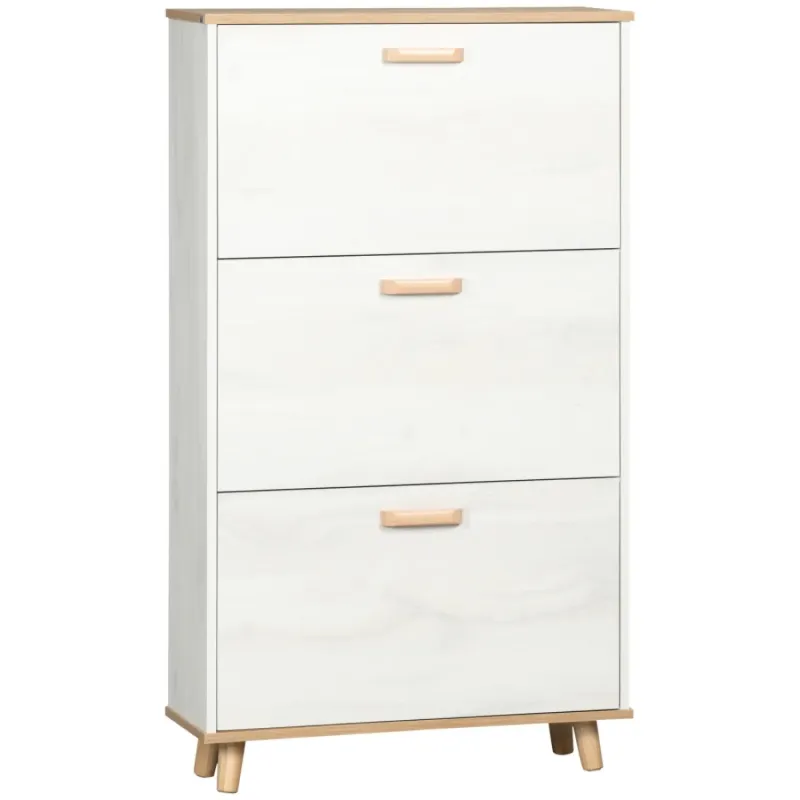 Narrow Shoe Storage Cabinet with 3 Flip Drawers, Cream White