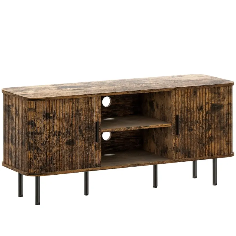 120cm TV Stand for TVs up to 55 Inches, Oak and Black TV Cabinet with Slatted Doors