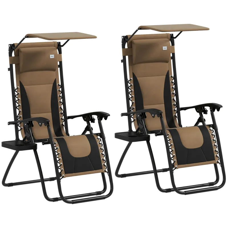 Zero Gravity Reclining Garden Lounger Chairs with Canopy and Cup Holder - Set of 2