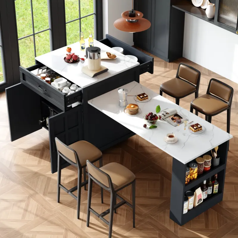 Extendable Kitchen Island Bar Table with Storage & Drawers - Black