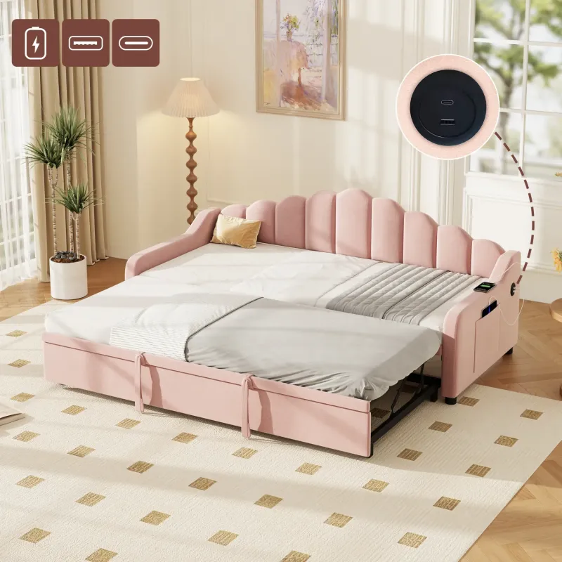 Velvet Daybed, Single, in Pink, with Pull-out Trundle and Charging Station