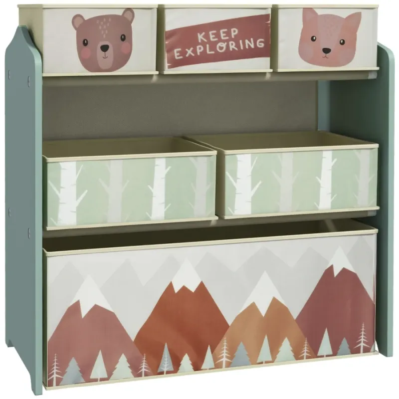 Kids Toy Storage Organiser with 6 Fabric Bins - Green